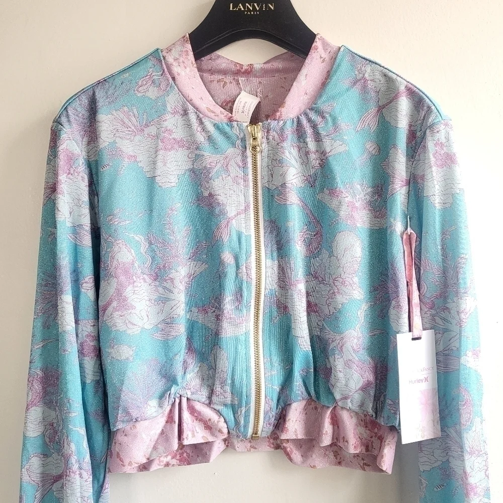 New LoveShackFancy x Hurley Cropped Bomber Jacket Under The Sea NWT Small